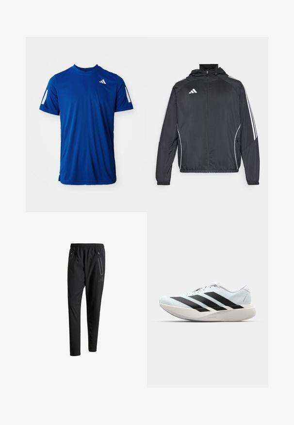 Črna športna jakna s kapuco, z belimi črtami ob rokavih in z zadrgo spredaj. Narejena iz gladkega, lahkega materiala.; Modra kratka športna majica s kratkimi rokavi z odsevnimi trakovi na rokavih in majhnim belim logotipom na zgornjem levem delu prsnega koša.; Črne športne hlače z elastičnim pasom, dvema žepoma na zadrgo ob strani, zoženimi hlačnicami in diskretnim logotipom na boku.; Lahki tekaški čevlji v svetlo modri barvi z belimi črtami. Imajo gladek zgornji del, okroglo kapico in debel bel srednji podplat z označbo "LIGHTSTRIKE PRO."