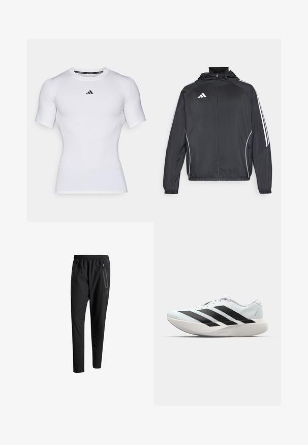 Μαύρο αθλητικό μπουφάν με κουκούλα, με λευκές ρίγες κατά μήκος των μανικιών και κλείσιμο με φερμουάρ μπροστά. Κατασκευασμένο από μαλακό, ελαφρύ ύφασμα.; Λευκό πουκάμισο με κοντά μανίκια, κατασκευασμένο από τεχνικό ύφασμα, με στρογγυλή λαιμόκοψη και μαύρο λογότυπο στο στήθος. Απαλή υφή και εφαρμοστή σχεδίαση.; Μαύρο αθλητικό παντελόνι με ελαστική μέση, δύο τσέπες με φερμουάρ στα πλάγια, στενές γραμμές στα πόδια και διακριτή λεπτομέρεια λογότυπου στο ισχίο.; Ελαφριά αθλητικά παπούτσια τρεξίματος σε ανοιχτό μπλε με μαύρες ρίγες. Διαθέτουν λείο άνω μέρος, στρογγυλή μύτη και παχύ λευκό ενδιάμεσο πέλμα που φέρει την ετικέτα "LIGHTSTRIKE PRO."