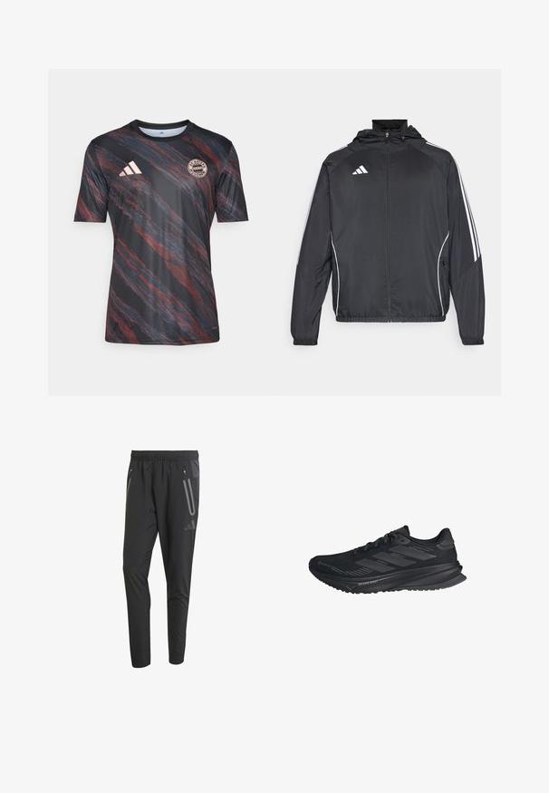 Black athletic jacket with a hood, featuring white stripes along the sleeves and a zippered front. Made from a smooth, lightweight fabric.; Black and red striped short-sleeve jersey with a crew neck, featuring the Adidas logo and Bayern Munich emblem on the chest.; Black athletic pants with an elastic waistband, two zippered side pockets, tapered fit, and reflective accents on the front.; Black Adidas running shoe with Gore-Tex upper, three stripes on the side, and "Dreamstrike" on the sole, viewed from the outer side.