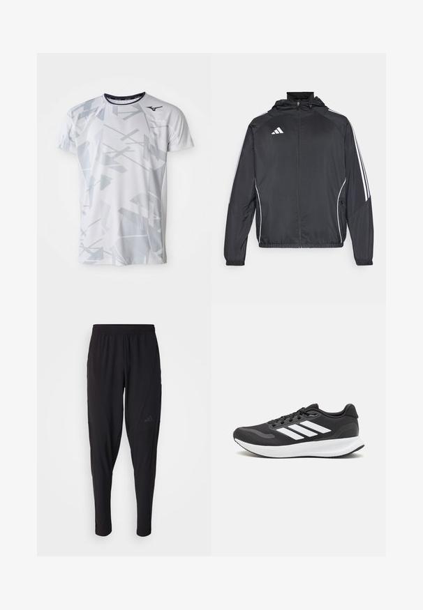 Schwarze Sportjacke mit Kapuze, ausgestattet mit weißen Streifen an den Ärmeln und einem Reißverschluss vorne. Hergestellt aus einem glatten, leichten Stoff.; Weiße Sport-T-Shirt mit einem geometrischen grauen Muster, kurzen Ärmeln, Rundhalsausschnitt und Mizuno-Logo auf der oberen linken Seite. Hergestellt aus atmungsaktivem Material.; Schwarze Sporthosen mit elastischem Bund, tailliertem Design, Seitentaschen und dezenten Logo-Details. Hergestellt aus flexiblem, atmungsaktivem Material.; Schwarzer Sportschuh mit atmungsaktivem Mesh-Obermaterial, weißen Akzenten und einer gepolsterten Sohle. Mit drei Streifen-Logo an der Seite.