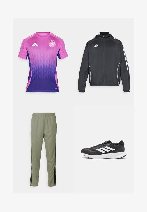 Fekete sportos dzseki kapucnival, fehér csíkokkal az ujjak mentén és cipzáras elülső résszel. Simább, könnyű anyagból készült.; Lila és rózsaszín átmenetes focimez zigzag mintával, Adidas logóval a mellkason, kerek nyakkal, rövid ujjakkal és hímzett címerrel.; adidas Performance TRAIN ESSENTIALS 3-STRIPES - Tréningruha alsók - silver pebble/black; Fekete sportcipő légáteresztő hálós felsőrésszel, fehér kiegészítőkkel és párnázott talppal. Az oldalon három csíkkal ellátott logó található.