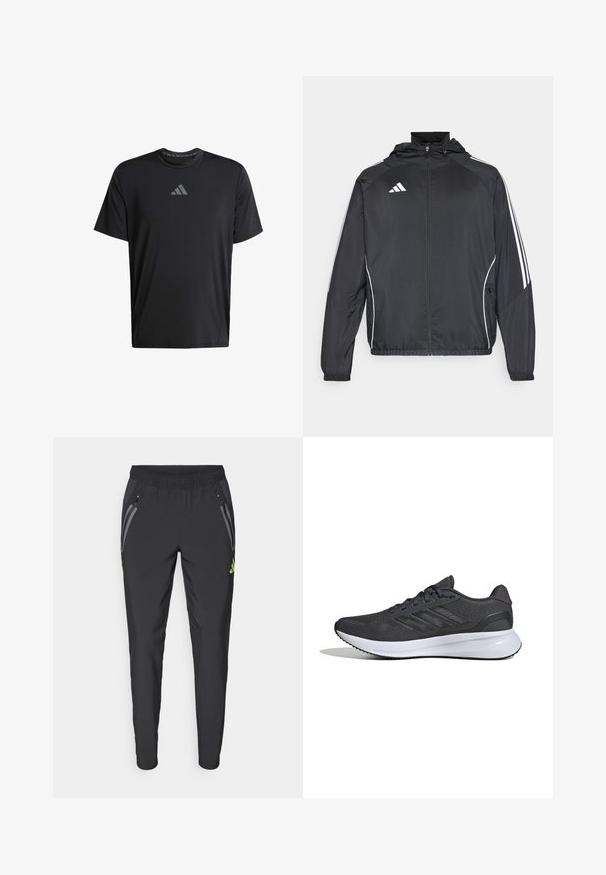 Czarna sportowa kurtka z kapturem, z białymi paskami wzdłuż rękawów i zasuwanym przodem. Wykonana z gładkiego, lekkiego materiału.; Czarny krótki rękaw sportowy t-shirt wykonany z lekkiego materiału, z okrągłym dekoltem i szarym logo Adidas na piersi.; adidas Performance REAL MADRID VISTECH czarny; Buty sportowe z ciemnoszarego materiału siatkowego z czarnymi akcentami. Posiadają białą podeszwę środkową i trzy białe paski po boku.