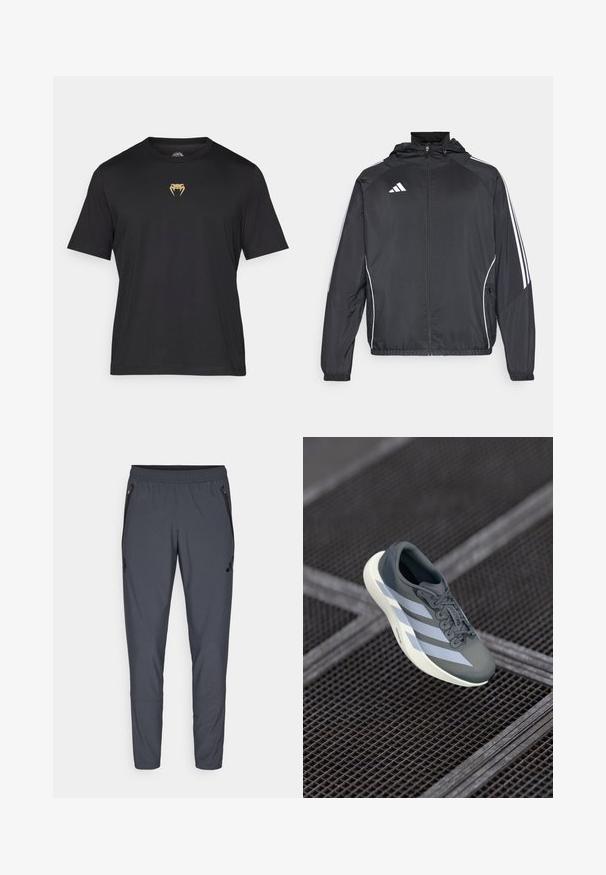 Giacca atletica nera con cappuccio, caratterizzata da strisce bianche lungo le maniche e chiusura con zip frontale. Realizzata in un tessuto liscio e leggero.; T-shirt nero a maniche corte realizzato in tessuto morbido, con logo di serpente dorato sul petto, scollatura rotonda e vestibilità rilassata.; Pantaloni atletici grigi con una vita elasticizzata, tasche laterali con zip e un dettaglio del logo sulla coscia sinistra. Realizzati in tessuto leggero.; Scarpa sportiva grigia e bianca, realizzata in materiale sintetico, con un design aerodinamico, finitura testurizzata e sistema di allacciatura prominente.