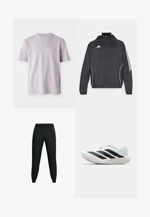 Black athletic jacket with a hood, featuring white stripes along the sleeves and a zippered front. Made from a smooth, lightweight fabric.; Short-sleeve lavender cotton t-shirt featuring a crew neckline and a subtle logo on the chest. Smooth texture, relaxed fit.; Black athletic pants with an elastic waistband, tapered leg design, side pockets, and contrasting panel details. Lightweight, smooth fabric.; Lightweight running shoes in pale blue with black stripes. Features a smooth upper, round toe, and thick white midsole labeled "LIGHTSTRIKE PRO."