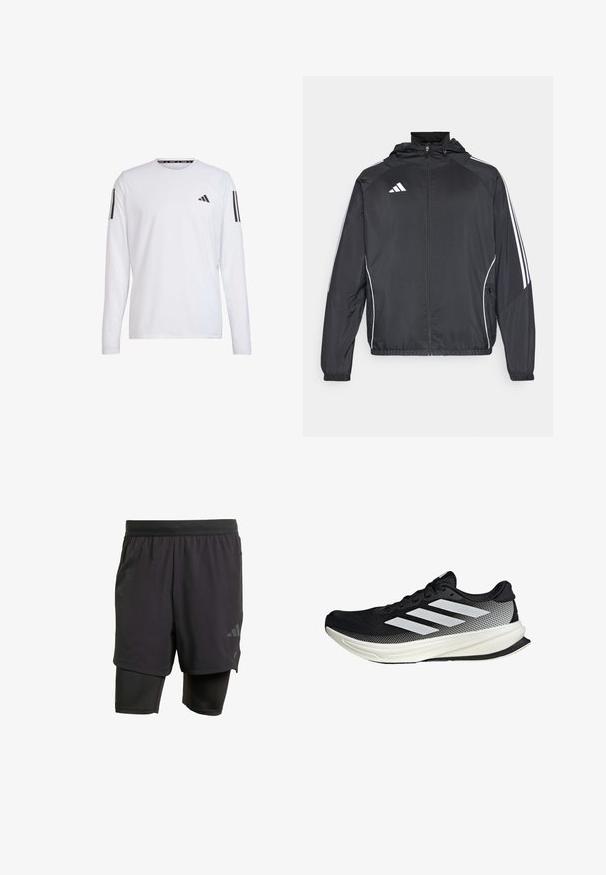 Čierna športová bunda s kapucňou, ktorá má biele pruhy pozdĺž rukávov a zips v prednej časti. Vyrobená z hladkej, ľahkej tkaniny.; adidas Performance Top s dlhým rukávom - white; Čierne športové šortky s integrovanou vnútornou vrstvou, vyrobené z priedušného materiálu. Disponujú nenápadným logom a štruktúrovanou textúrou. Nastaviteľný pás.; Čierna atletická topánka s dizajnom z mriežky, s bielymi prúžkami, zaoblenou špičkou a textúrovanou podrážkou pre lepšiu priľnavosť a podporu.