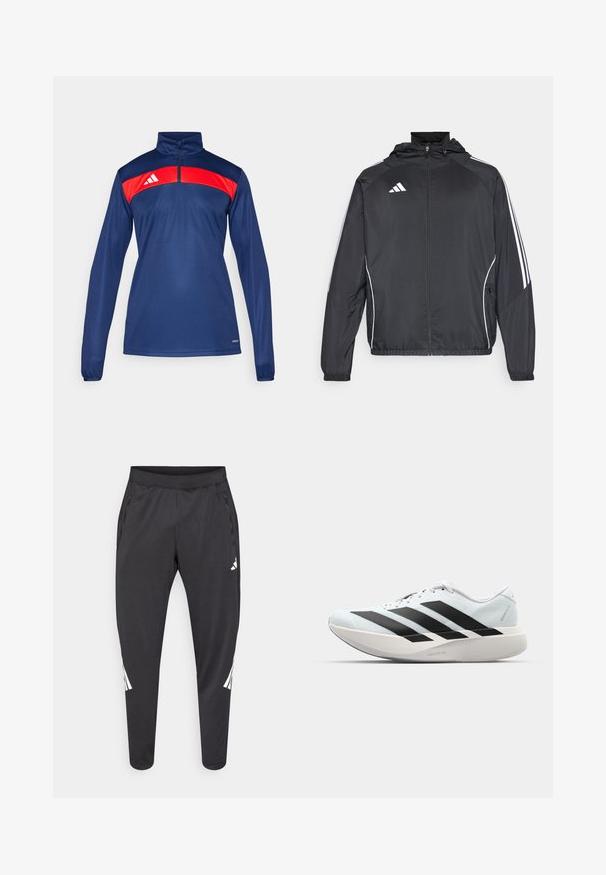 Černá sportovní bunda s kapucí, s bílými pruhy podél rukávů a s předním zipem. Vyrobena z hladkého, lehkého materiálu.; Námořnický modrý sportovní pulovr s červeným panelem přes ramena, s půlzipem na krku, dlouhými rukávy a logem na levé straně.; Černé atletické kalhoty se zúženými nohavicemi, elastickým pasem, bočními kapsami a bílým logem a proužky jako ozdobou. Vyrobené z hladkého, lehkého materiálu.; Lehké běžecké boty v světle modré barvě s černými pruhy. Mají hladký svršek, kulatou špičku a silnou bílou mezipodešev označenou "LIGHTSTRIKE PRO."