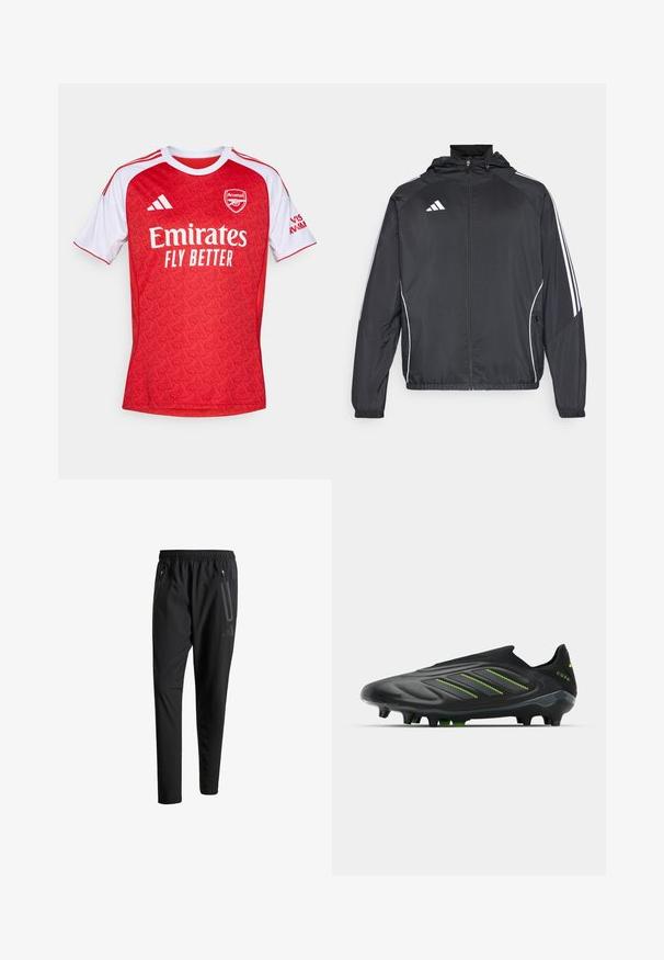 Black athletic jacket with a hood, featuring white stripes along the sleeves and a zippered front. Made from a smooth, lightweight fabric.; Red football jersey with white accents, featuring a geometric pattern, round neck, and the Arsenal logo, along with "Emirates Fly Better" branding.; Black athletic pants with an elastic waistband, two zippered side pockets, tapered legs, and a subtle logo detail on the hip.; adidas Performance COPA PURE III ELITE LACELESS FIRM GROUND FOOTBALL BOOTS - Firm-ground football boots - core black/dgh solid grey/lucid lemon