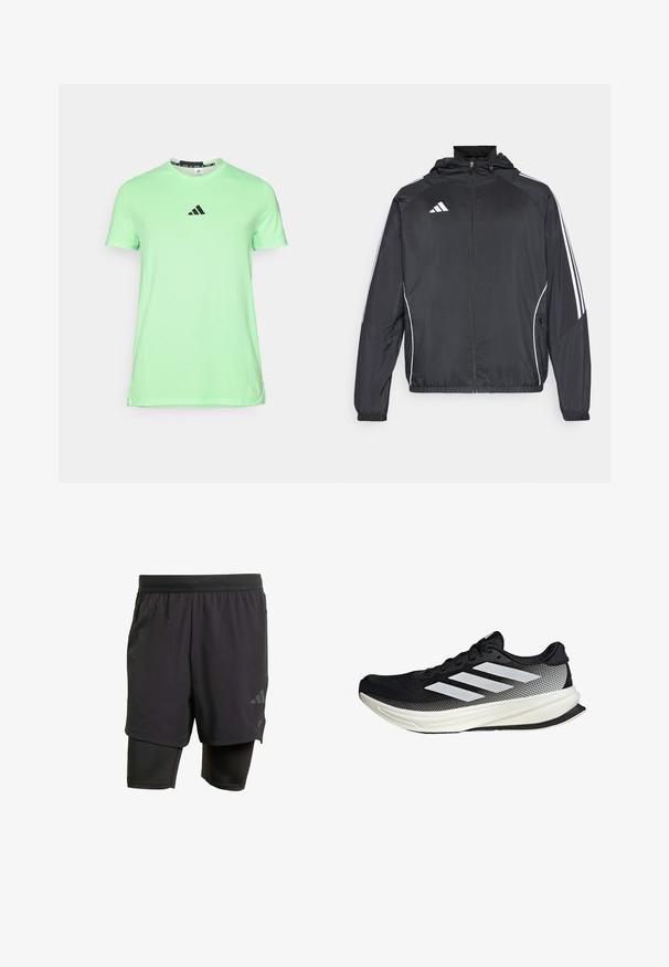 Čierna športová bunda s kapucňou, ktorá má biele pruhy pozdĺž rukávov a zips v prednej časti. Vyrobená z hladkej, ľahkej tkaniny.; Svetlozelené tričko s krátkym rukávom vyrobené z jemnej látky, s čiernym logom na hrudi a okrúhlym výstrihom s hladkou textúrou.; Čierne športové šortky s integrovanou vnútornou vrstvou, vyrobené z priedušného materiálu. Disponujú nenápadným logom a štruktúrovanou textúrou. Nastaviteľný pás.; Čierna atletická topánka s dizajnom z mriežky, s bielymi prúžkami, zaoblenou špičkou a textúrovanou podrážkou pre lepšiu priľnavosť a podporu.