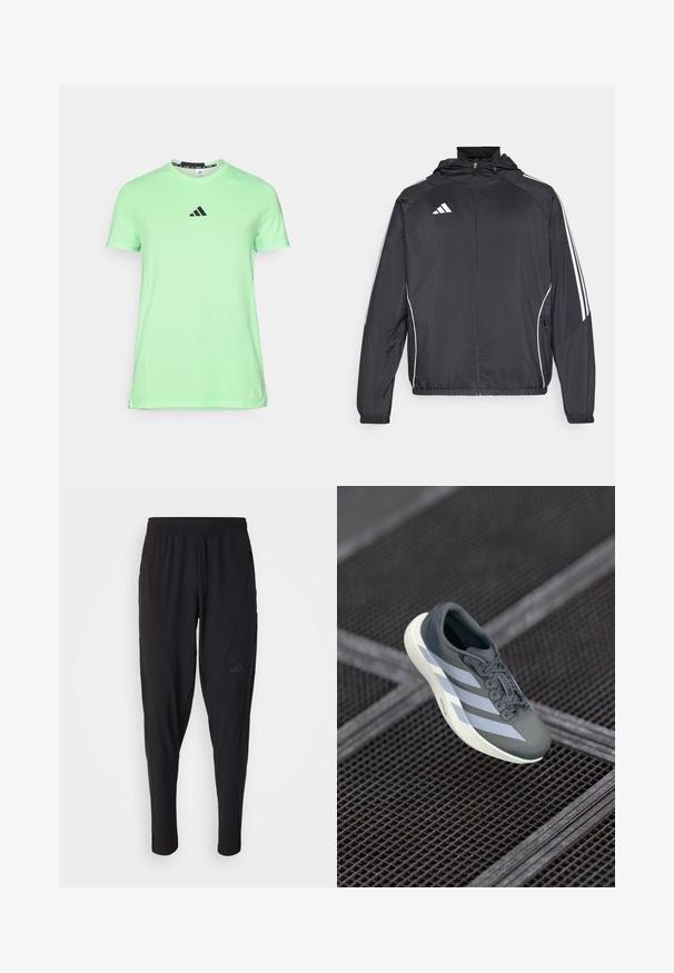 Jachetă sport neagră cu glugă, decorată cu dungi albe pe mâneci și cu fermoar în față. Fabricată dintr-un material neted și ușor.; Tricou scurt cu mânecă scurtă, de culoare verde deschis, realizat dintr-un material moale, având un logo negru pe piept și un guler rotunjit cu o textură netedă.; Pantaloni atletici negri cu o talie elastică, design conic, buzunare laterale și detalii subtile cu logo. Fabricat dintr-un material flexibil și respirabil.; Pantof sport gri și alb, realizat din material sintetic, cu un design aerodinamic, finisaj texturat și un sistem de șireturi proeminent.