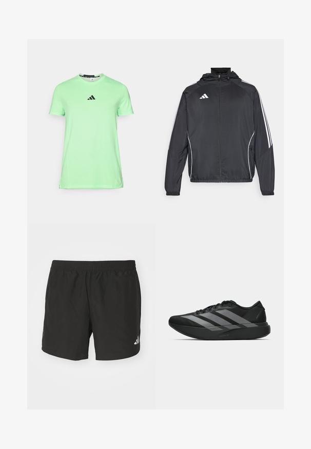 Črna športna jakna s kapuco, z belimi črtami ob rokavih in z zadrgo spredaj. Narejena iz gladkega, lahkega materiala.; Svetlo zelena majica s kratkimi rokavi, izdelana iz mehkega blaga, z black logotipom na prsih in zaobljenim izrezom z gladko teksturo.; Črne atletske kratke hlače z elastičnim pasom, stranskimi razporki in odsevnimi logotipnimi poudarki. Narejene so iz lahkotnega, gladkega materiala.; Crne atletske čevlje z lahkotno zasnovo, ki imajo tri izrazite sive črte, gladko teksturo in oblikovano podplat.