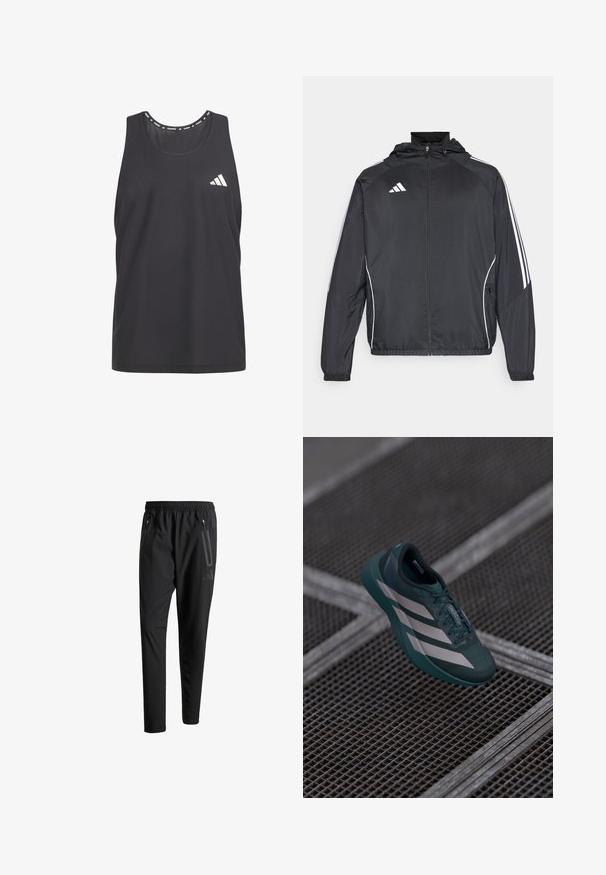Giacca atletica nera con cappuccio, caratterizzata da strisce bianche lungo le maniche e chiusura con zip frontale. Realizzata in un tessuto liscio e leggero.; Top sportivo nero con materiale in rete traspirante, scollo rotondo e logo Adidas bianco sul petto sinistro.; Pantaloni sportivi neri con vita elastica, due tasche laterali con cerniera, gambe affusolate e un sottile dettaglio del logo sull'anca.; Scarpa sportiva di colore verde scuro con una tomaia testurizzata, dotata di tre strisce bianche, punta arrotondata e suola imbottita.