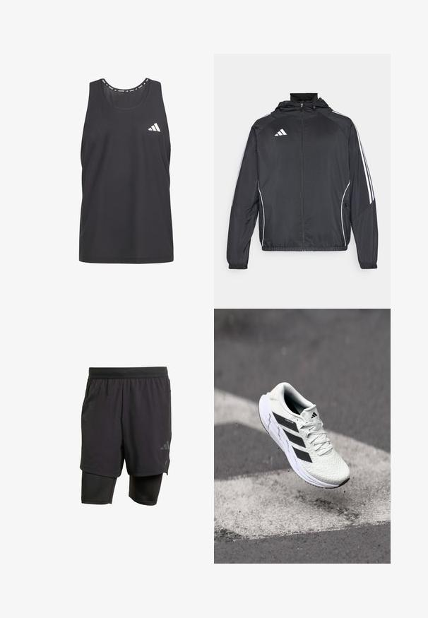 Zwarte sportjack met capuchon, voorzien van witte strepen langs de mouwen en een ritssluiting aan de voorkant. Gemaakt van een gladde, luchtige stof.; Zwarte sporttanktop van ademend meshmateriaal, met ronde hals en wit Adidas-logo op de linkerkant van de borst.; Zwarte sportshorts met geïntegreerde binnenlaag, gemaakt van ademend materiaal. Bevat een subtiele logo en gestructureerde textuur. Verstelbare tailleband.; Witte sportschoen met een textuur van mesh, zwarte strepen, vetersluiting en een gevoerde zool, zwevend boven een gemarkeerd wegoppervlak.