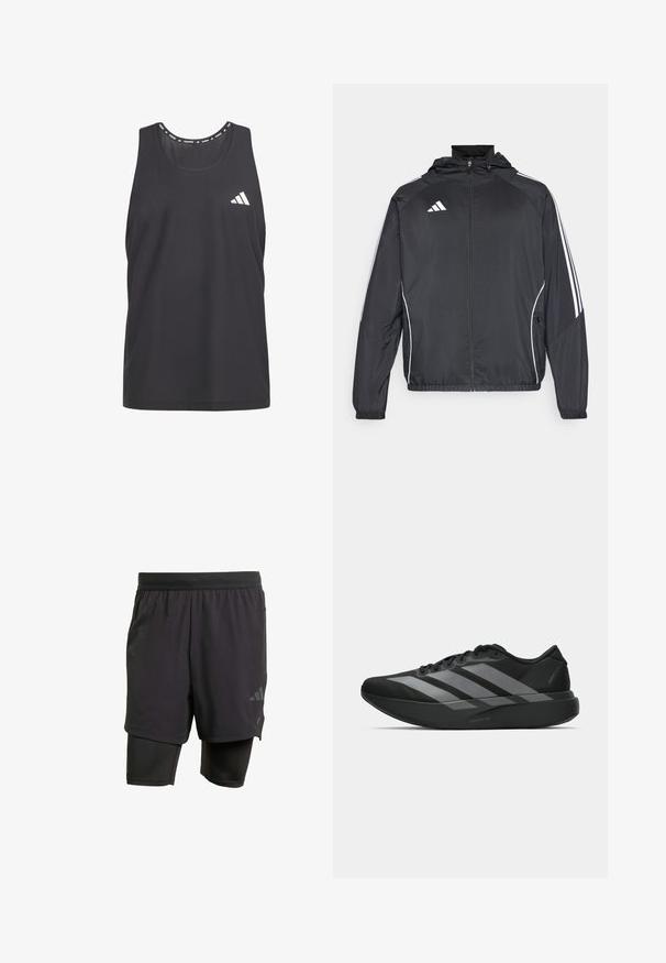 Black athletic jacket with a hood, featuring white stripes along the sleeves and a zippered front. Made from a smooth, lightweight fabric.; Black athletic tank top featuring breathable mesh material, rounded neck, and white Adidas logo on the left chest.; Black athletic shorts with integrated inner layer, made from breathable fabric. Features subtle logo and structured texture. Adjustable waistband.; Black athletic shoes with a lightweight design, featuring three prominent gray stripes, a smooth texture, and a contoured sole.