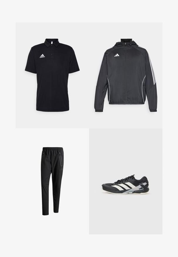 Czarna sportowa kurtka z kapturem, z białymi paskami wzdłuż rękawów i zasuwanym przodem. Wykonana z gładkiego, lekkiego materiału.; Czarna koszulka polo wykonana z miękkiego materiału, z klasycznym kołnierzykiem, trzyguzikowym zapięciem oraz białym logo Adidas na lewej piersi.; Czarne spodnie sportowe z elastycznym paskiem w talii, dwiema zasuwanymi kieszeniami bocznymi, zwężanymi nogawkami i subtelnym logo na biodrze.; Czarne buty sportowe z białymi paskami, siateczkowa cholewka, zaokrąglony czubek i amortyzowana podeszwa. Posiadają teksturowany obcas i pewny system sznurowania.