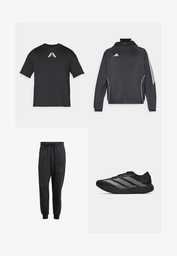 Must värvi sportlik jakk kapuutsiga, millel on valged triibud varrukatel ja lukuga esiosa. Valmistatud siledast, kergest kangast.; Must have lühikeste varrukatega must T-särk, mis on valmistatud kergest kangast, esiküljel on valge kolmnurkne logo, klassikaline ümar kaelus ja mugav lõige.; Mustad mustad püksid elastse vöökoha, nööri sulgemise, külgsete tõmblukkudega taskute ja diskreetse logoga vasakul reiel.; Must have mustangid! Need light and trendy athletic shoes? These black sneakers have a streamlined design featuring three large hallal gray stripes. Their smooth texture and ergonomically contoured sole provide ultimate comfort.