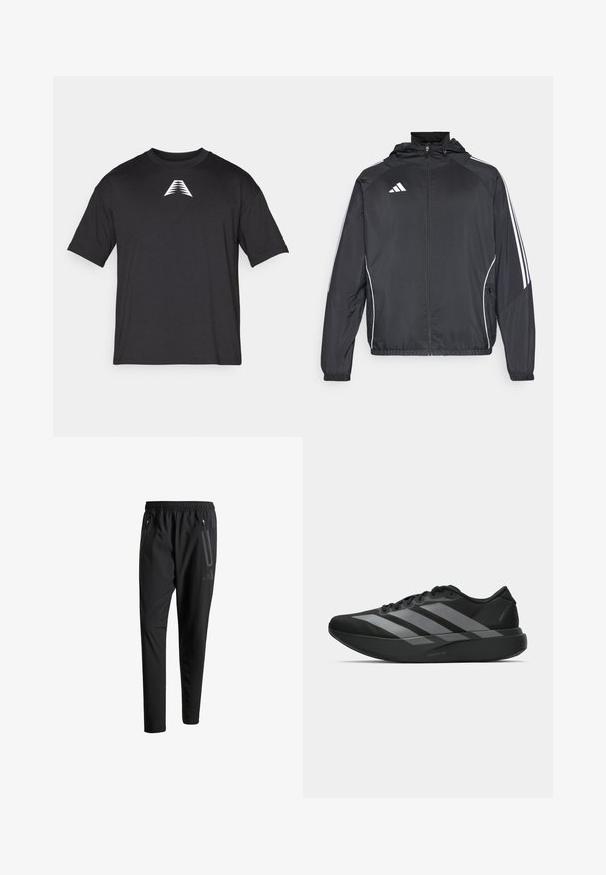 Zwarte sportjack met capuchon, voorzien van witte strepen langs de mouwen en een ritssluiting aan de voorkant. Gemaakt van een gladde, luchtige stof.; Zwart T-shirt met korte mouwen, gemaakt van lichtgewicht stof, met een wit driehoeklogo aan de voorkant, klassieke ronde halslijn en een comfortabele pasvorm.; Zwarte sportbroeken met een elastische tailleband, twee ritszakken aan de zijkant, taps toelopende pijpen en een subtiele logo-detail op de heup.; Zwarte sportieve schoenen met een lichtgewicht ontwerp, voorzien van drie opvallende grijze strepen, een gladde textuur en een gevormde zool.