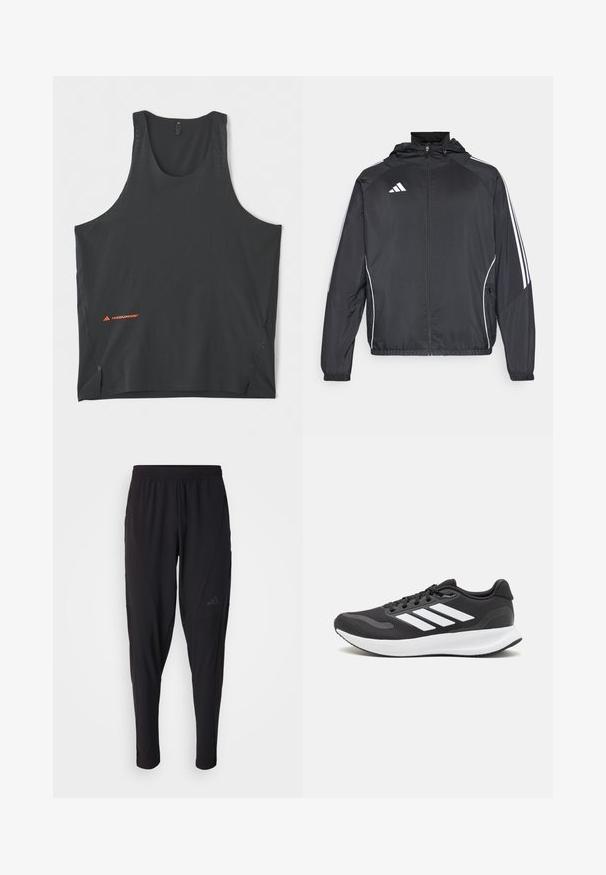 Czarna sportowa kurtka z kapturem, z białymi paskami wzdłuż rękawów i zasuwanym przodem. Wykonana z gładkiego, lekkiego materiału.; adidas Performance HERMANOS KOUMORI SINGLET czarny; Czarne spodnie sportowe z elastycznym pasem, zwężanym krojem, bocznymi kieszeniami i subtelnym logo. Wykonane z elastycznego, przewiewnego materiału.; Czarne buty sportowe z oddychającą siateczką, białymi akcentami i wyściełaną podeszwą. Posiadają logo w postaci trzech pasków po boku.