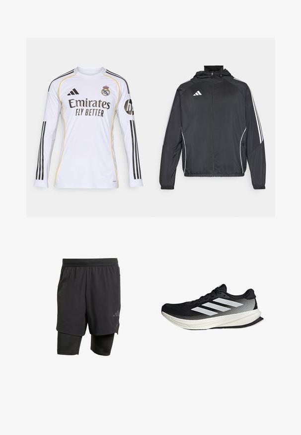 Musta urheilu takki hupulla, jossa on valkoiset raidat hihoissa ja vetoketjuzulu etupuolella. Valmistettu sileästä, kevyestä kankaasta.; Valkea pitkähihainen paita mustilla ja keltaisilla yksityiskohdilla, jossa on "Emirates Fly Better" -logo ja Real Madridin vaakuna, valmistettu kevyestä synteettisestä materiaalista.; Musta urheilushortsit integroitu sisäkerros, valmistettu hengittävästä kankaasta. Ominaisuuksiin kuuluu huomaamaton logo ja rakenteellinen tekstuuri. Säädettävä vyötärö.; Musta urheilukengä, jossa on verkkomaisia yksityiskohtia, valkoiset raidat, pyöristetty kärki ja pintakuvioitu pohja pidon ja tuen tarjoamiseksi.
