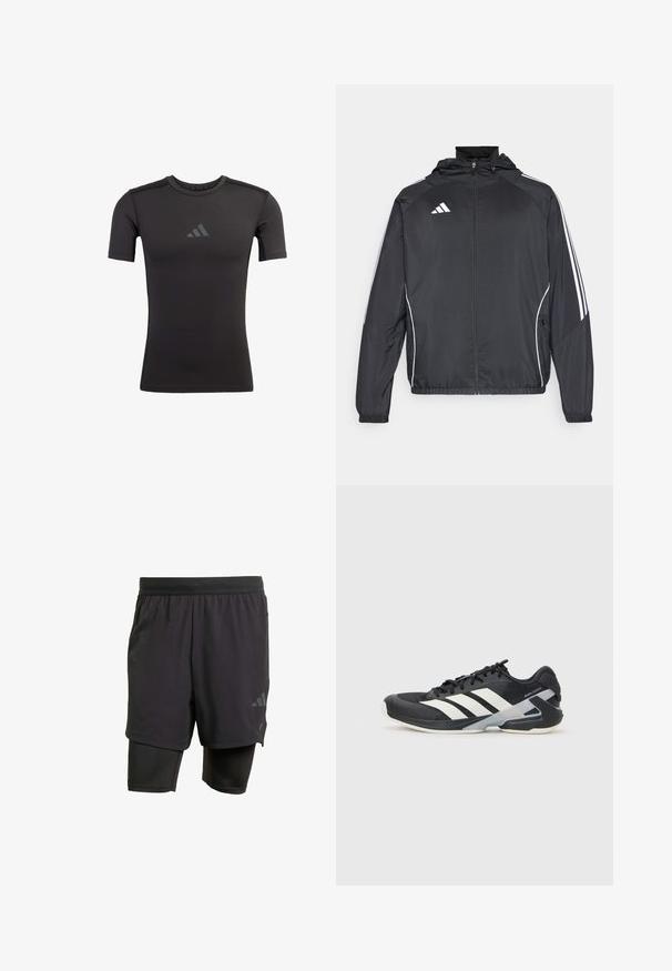 Černá sportovní bunda s kapucí, s bílými pruhy podél rukávů a s předním zipem. Vyrobena z hladkého, lehkého materiálu.; Černé sportovní tričko vyrobené z elastické látky. Má krátké rukávy a kulatý výstřih. Na hrudi je tištěné nenápadné logo.; Černé sportovní šortky s integrovanou vnitřní vrstvou, vyrobené z prodyšné tkaniny. Obsahují nenápadné logo a strukturovanou texturu. Nastavitelný pas.; Černá sportovní obuv s bílými pruhy, síťovaným svrškem, zaoblenou špičkou a polstrovanou podrážkou. Obsahuje texturovanou patu a bezpečný systém šněrování.