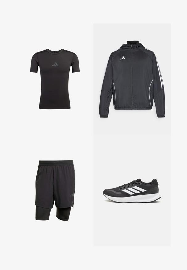Čierna športová bunda s kapucňou, ktorá má biele pruhy pozdĺž rukávov a zips v prednej časti. Vyrobená z hladkej, ľahkej tkaniny.; Čierne športové tričko vyrobené z elastického materiálu. Má krátke rukávy a okrúhly výstrih. Na hrudi je vytlačené diskrétne logo.; Čierne športové šortky s integrovanou vnútornou vrstvou, vyrobené z priedušného materiálu. Disponujú nenápadným logom a štruktúrovanou textúrou. Nastaviteľný pás.; Čierna športová obuv s priedušným sieťovaným zvrškom, bielymi akcentmi a polstrovanou podrážkou. Na bočnej strane sa nachádza logo so tromi pruhmi.