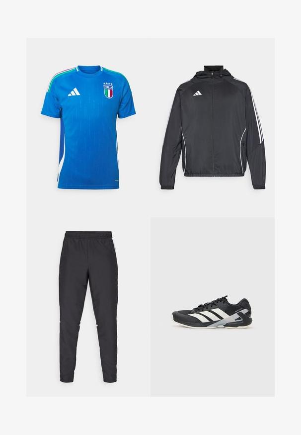 Crna atletska jakna s kapuljačom, s bijelim prugama duž rukava i zatvaranjem na zip. Izrađena od glatkog, laganog materijala.; Plavi kratki sportski dres s tri bijele pruge na ramenima, s emblemu Italije na lijevoj strani prsnog koša i suptilnim vertikalnim uzorkom po cijeloj površini.; Crne atletske hlače s elastičnim strukom, sužavajućim nogavicama i bijelim bočnim naglascima. Izrađene od sintetičkog materijala s glatkom teksturom.; Crne atletske cipele s bijelim prugama, mrežasta gornja strana, zaobljeni prst i podstavljeni đon. Imaju teksturiranu petu i siguran sustav vezivanja.