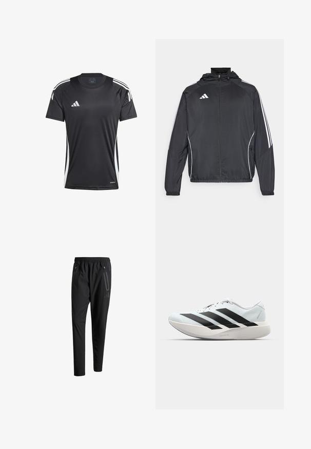 Jachetă sport neagră cu glugă, decorată cu dungi albe pe mâneci și cu fermoar în față. Fabricată dintr-un material neted și ușor.; Tricou athletic negru cu mâneci scurte, cu dungi albe pe laterale și logo-ul Adidas. Fabricat dintr-un material neted, care absoarbe umezeala.; Pantaloni atletici negri cu talie elastică, două buzunare laterale cu fermoar, picioare conice și un detaliu logo discret pe șold.; Pantofi de alergare ușori în albastru deschis cu dungi negre. Au un superior neted, vârf rotund și o intermediară groasă albă etichetată "LIGHTSTRIKE PRO."