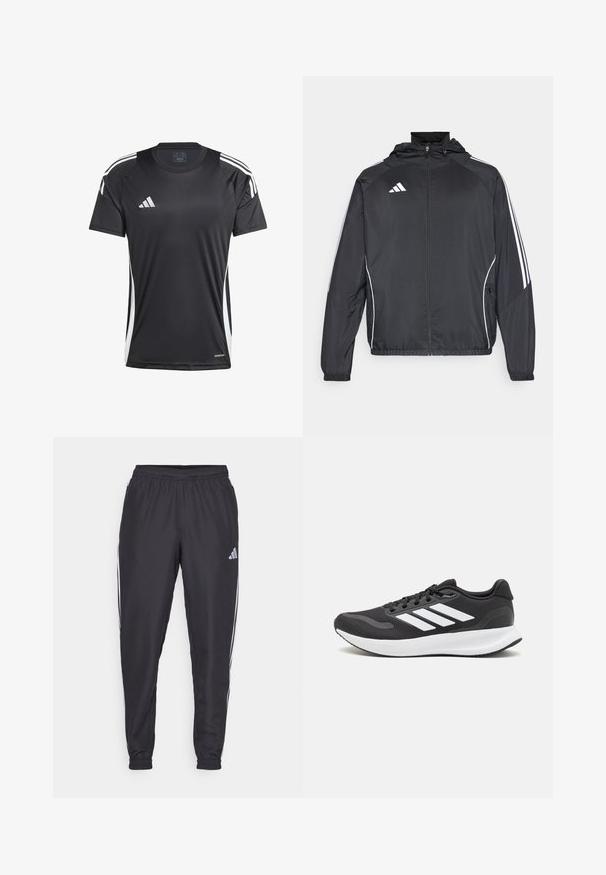 Črna športna jakna s kapuco, z belimi črtami ob rokavih in z zadrgo spredaj. Narejena iz gladkega, lahkega materiala.; Črn atletski T-shirt s kratkimi rokavi, ki ima bele stranske stripe in logo Adidas. Narejen je iz gladkega, materiala, ki odvaja vlago.; Črne športne hlače z elastičnim pasom, z belimi črtami ob straneh in majhnim logotipom na bokih. Gladka tekstura.; Črne športne čevlje z zračnim mrežastim zgornjim delom, belimi akcenti in oblazinjeno podplatom. Imajo tri črte logo na strani.