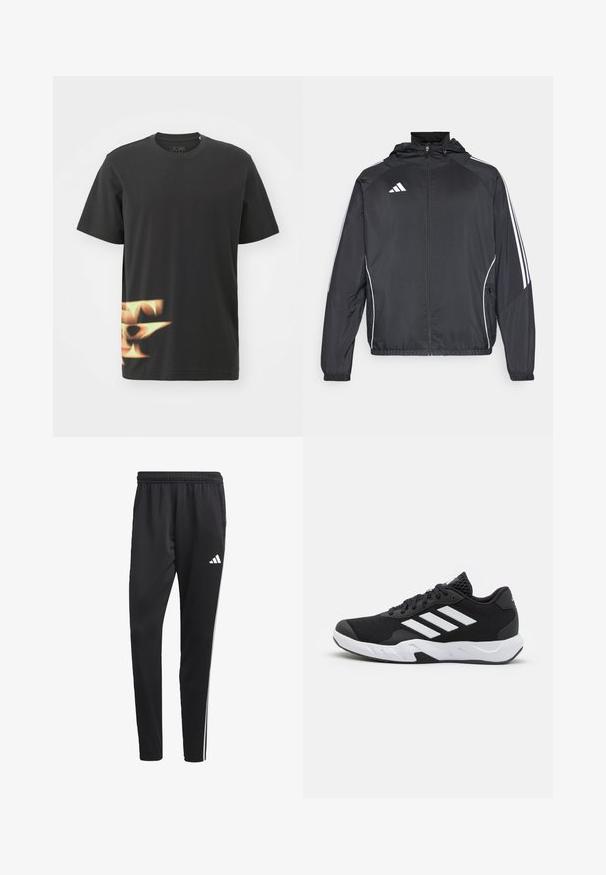 Schwarze Sportjacke mit Kapuze, ausgestattet mit weißen Streifen an den Ärmeln und einem Reißverschluss vorne. Hergestellt aus einem glatten, leichten Stoff.; adidas Performance TRAE TEE - T-Shirt print - black; Schwarze Sporthose mit einem dehnbaren Bund, weißen Seitenstreifen und einem kleinen weißen Logo auf dem Oberschenkel. Hergestellt aus einem glatten, leichten Material.; Schwarze Sportschuhe mit einem strukturierten Mesh-Obermaterial, weißen Akzentstreifen, einer gepolsterten Sohle und einer verstärkten Ferse für Unterstützung.