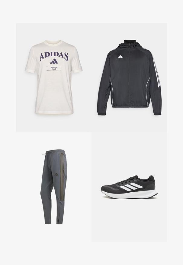 Čierna športová bunda s kapucňou, ktorá má biele pruhy pozdĺž rukávov a zips v prednej časti. Vyrobená z hladkej, ľahkej tkaniny.; Krémové tričko s krátkymi rukávmi, s veľkým fialovým logom "ADIDAS" a textom "TENNIS CLUB" v tmavofialovej farbe nižšie.; Sivé športové nohavice s elastickým pásom, ktoré sú ozdobené tromi kontrastnými tmavými pruhmi po stranách a zipsom na členku.; Čierna športová obuv s priedušným sieťovaným zvrškom, bielymi akcentmi a polstrovanou podrážkou. Na bočnej strane sa nachádza logo so tromi pruhmi.