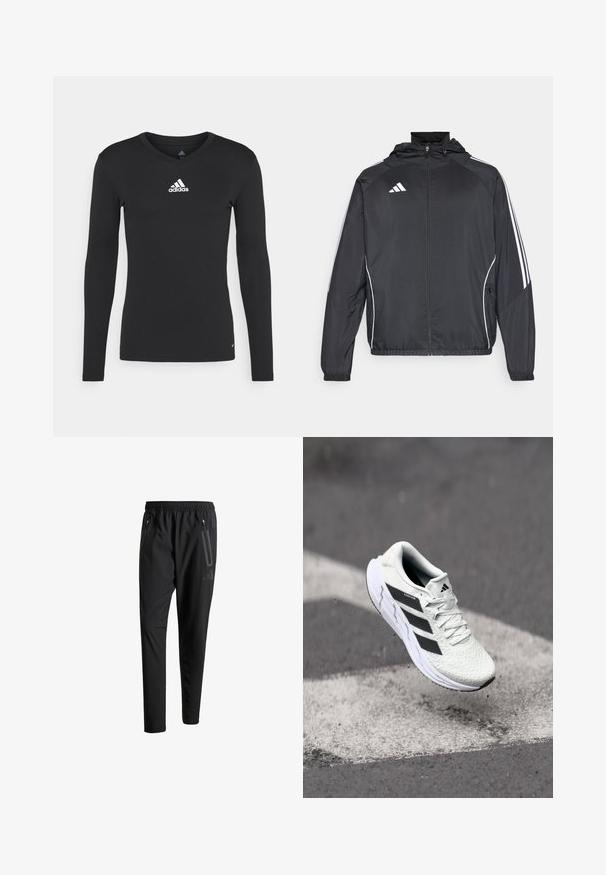 Fekete sportos dzseki kapucnival, fehér csíkokkal az ujjak mentén és cipzáras elülső résszel. Simább, könnyű anyagból készült.; Fekete, hosszúujjú sportpóló sima anyagból, V-nyakkivágással, fehér adidas logóval a mellkason.; Fekete sportos nadrág elasztikus derékpánttal, két cipzáras oldalt zsebbel, tapered lábakkal és diszkrét logóval a csípőn.; Fehér sportcipő texturált hálós felsőrésszel, fekete csíkokkal, fűzős záródással és párnázott talppal, egy megjelölt útfelület felett lebeg.