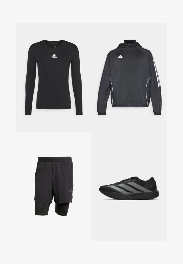 Črna športna jakna s kapuco, z belimi črtami ob rokavih in z zadrgo spredaj. Narejena iz gladkega, lahkega materiala.; Črna dolga majica z dolgimi rokavi, izdelana iz gladkega blaga, z V-izrezom in belim adidas logotipom na prsih.; Črne atletske hlače s integriranim notranjim slojem, narejene iz zračnega materiala. Imajo subtilen logotip in strukturirano teksturo. Prilagodljiv pas.; Crne atletske čevlje z lahkotno zasnovo, ki imajo tri izrazite sive črte, gladko teksturo in oblikovano podplat.