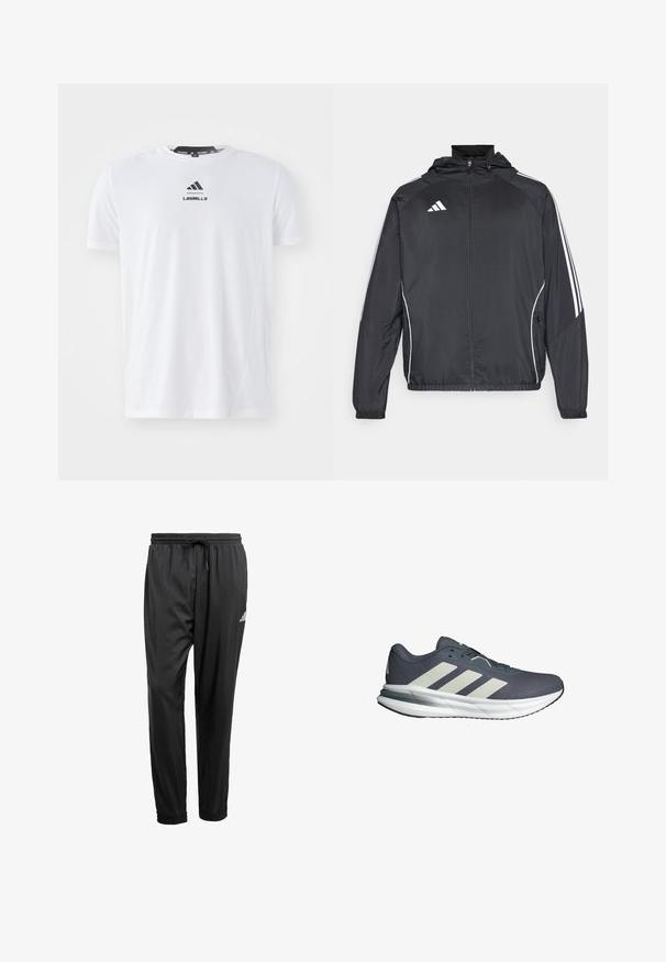 Sort atletisk jakke med hætte, med hvide striber langs ærmerne og lynlås foran. Lavet af et glat, let materiale.; Hvid atletisk t-shirt lavet af letvægtsstof. Har rund halsudskæring, korte ærmer og sort "LES MILLS" logo på forsiden.; Sorte træningsbukser med elastisk talje, snøre, opkrøllede ankler og et lille hvidt logo på højre lår.; Sportsko med en åndbar marineblå mesh-overdel, tre hvide diagonale striber, en polstret hvid sål og en struktureret grå ydersål.