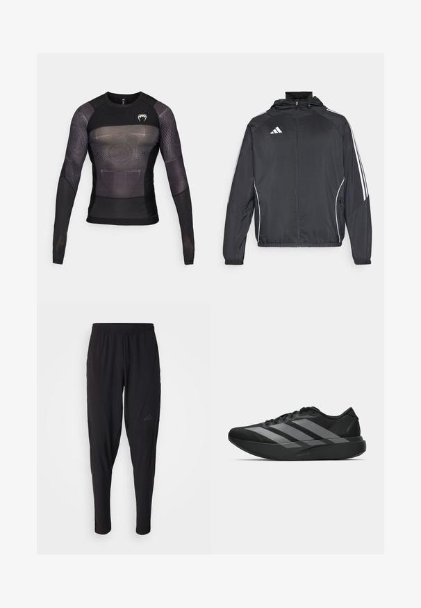 Svart sportsjakke med hette, med hvite striper langs ermene og glidelås foran. Laget av et glatt, lett stoff.; Venum AIR RASHGUARDS - Topper langermet - deep black/desert sand; Svarte treningsbukser med elastisk midje, smal design, sidelommer og subtil logo. Laget av fleksibelt, pustende stoff.; Sorte svarte treningssko med lett design, med tre fremtredende grå striper, en glatt tekstur og en formet såle.