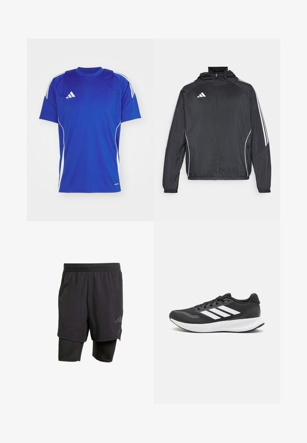 Čierna športová bunda s kapucňou, ktorá má biele pruhy pozdĺž rukávov a zips v prednej časti. Vyrobená z hladkej, ľahkej tkaniny.; Modrá športová tričko vyrobené z ľahkého materiálu, s bielymi akcentmi na ramenách a stranách, s malým logom na hrudi.; Čierne športové šortky s integrovanou vnútornou vrstvou, vyrobené z priedušného materiálu. Disponujú nenápadným logom a štruktúrovanou textúrou. Nastaviteľný pás.; Čierna športová obuv s priedušným sieťovaným zvrškom, bielymi akcentmi a polstrovanou podrážkou. Na bočnej strane sa nachádza logo so tromi pruhmi.