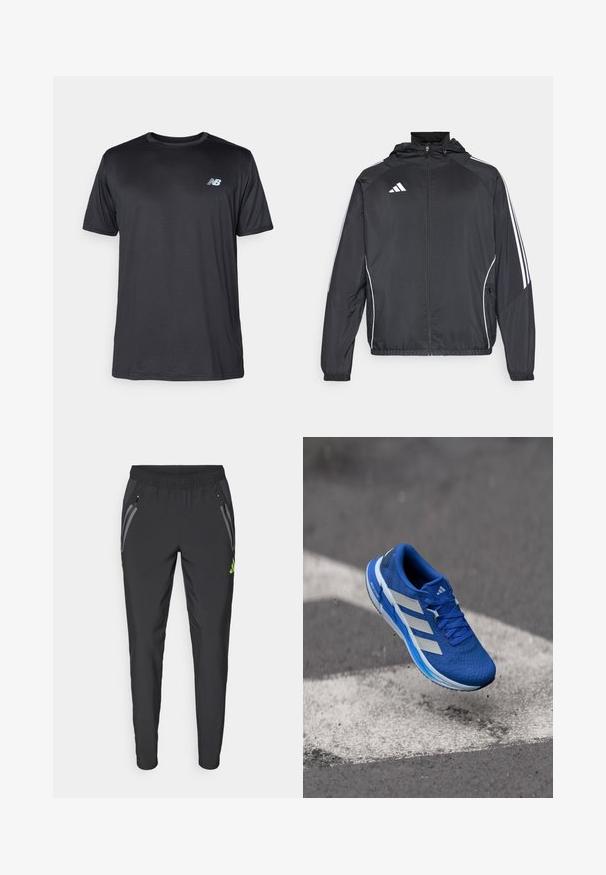 Čierna športová bunda s kapucňou, ktorá má biele pruhy pozdĺž rukávov a zips v prednej časti. Vyrobená z hladkej, ľahkej tkaniny.; New Balance Športové tričko - black; adidas Performance REAL MADRID TIRO25 PRO VIS TECH TRAVEL PANT - Klubové oblečenie - black/lucid lemon; Modrá bežecká obuv s texturovaným sieťovaným zvrškom, bielymi pruhmi a modrou gradientovou podrážkou, ktorá vykresľuje ľahký dizajn vo vzduchu.