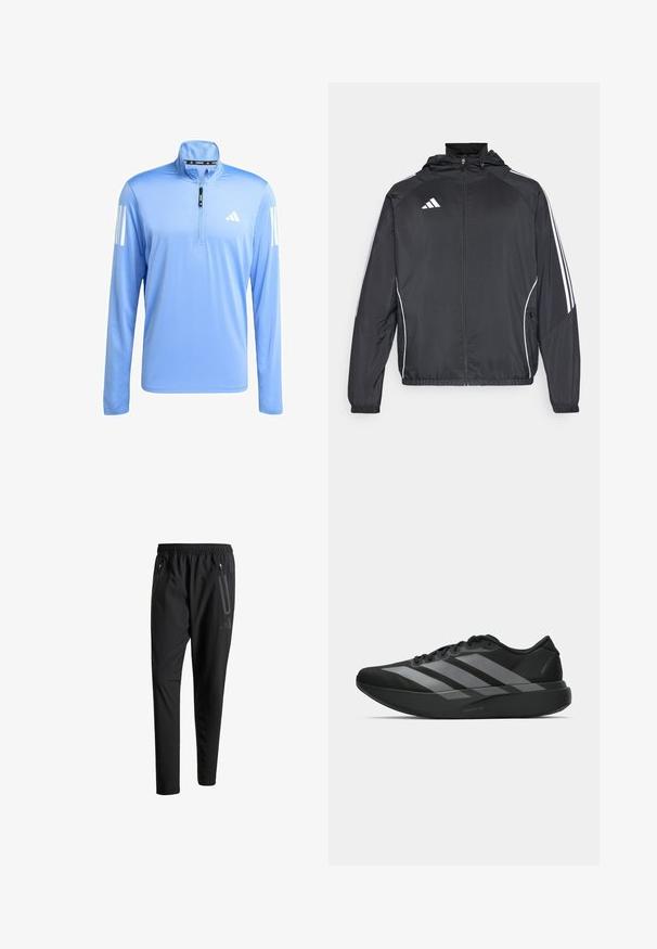 Sort atletisk jakke med hætte, med hvide striber langs ærmerne og lynlås foran. Lavet af et glat, let materiale.; Lyseblå langærmet sportsskjorte med en kvart lynlås, lavet af glat stof. Har hvide tre-stribede detaljer på begge ærmer.; Sorte atletiske bukser med elastisk talje, to lynlåslommer på siden, tætsiddende ben og en diskret logo-detalje på hoften.; Sorte atletiske sko med et let design, der har tre fremtrædende grå striber, en glat overflade og en formet sål.