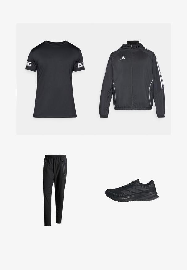 Svart sportsjakke med hette, med hvite striper langs ermene og glidelås foran. Laget av et glatt, lett stoff.; Svart kortermet t-skjorte laget av glatt stoff. Har rund hals og hvit "BORG" tekst på venstre erme. Enkel, tettsittende design.; Svarte treningsbukser med elastisk liv, to glidelåslommer på sidene, avsmalnende ben og en subtil logo detalj ved hoften.; Svart Adidas løpesko med Gore-Tex-overdel, tre striper på siden, og "Dreamstrike" på sålen, sett fra utsiden.