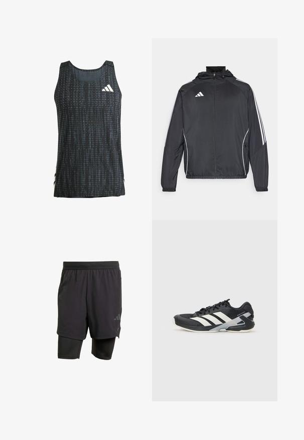 Giacca atletica nera con cappuccio, caratterizzata da strisce bianche lungo le maniche e chiusura con zip frontale. Realizzata in un tessuto liscio e leggero.; Canotta sportiva nera con un motivo testurizzato, design senza maniche e accenti del logo bianco. Tessuto leggero con una vestibilità ampia.; Pantaloni sportivi neri con strato interno integrato, realizzati in tessuto traspirante. Presentano un logo discreto e una texture strutturata. Vita regolabile.; Scarpa sportiva nera con strisce bianche, tomaia in rete, punta arrotondata e suola ammortizzata. Presenta un tallone testurizzato e un sistema di allacciatura sicuro.