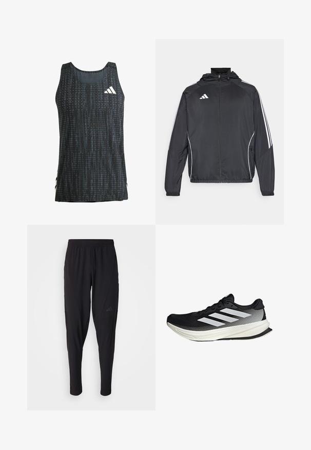 Schwarze Sportjacke mit Kapuze, ausgestattet mit weißen Streifen an den Ärmeln und einem Reißverschluss vorne. Hergestellt aus einem glatten, leichten Stoff.; Schwarzes sportliches Tanktop mit strukturiertem Muster, ärmellosem Design und weißen Logo-Details. Leichter Stoff mit lockerer Passform.; Schwarze Sporthosen mit elastischem Bund, tailliertem Design, Seitentaschen und dezenten Logo-Details. Hergestellt aus flexiblem, atmungsaktivem Material.; Schwarzer Sportschuh mit einem Mesh-Design, ausgestattet mit weißen Streifen, einer runden Zehenpartie und einer strukturierten Sohle für Grip und Unterstützung.