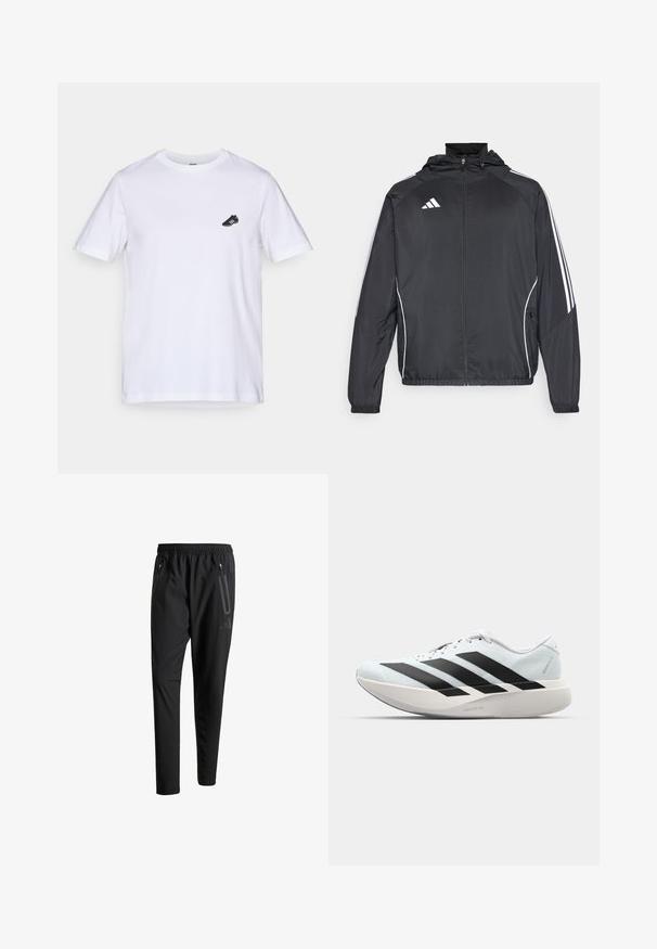 Black athletic jacket with a hood, featuring white stripes along the sleeves and a zippered front. Made from a smooth, lightweight fabric.; White cotton t-shirt with short sleeves and a round neckline; features a small black soccer shoe graphic on the left chest.; Black athletic pants with an elastic waistband, two zippered side pockets, tapered legs, and a subtle logo detail on the hip.; Lightweight running shoes in pale blue with black stripes. Features a smooth upper, round toe, and thick white midsole labeled "LIGHTSTRIKE PRO."