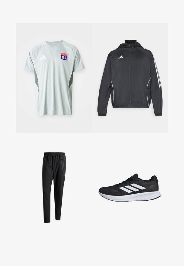 Černá sportovní bunda s kapucí, s bílými pruhy podél rukávů a s předním zipem. Vyrobena z hladkého, lehkého materiálu.; Světle šedé fotbalové tričko s krátkým rukávem, přiléhavým výstřihem, logem Adidas a znakem Olympique Lyonnais na přední straně, s texturovanými bočními částmi.; Černé sportovní kalhoty s elastickým pasem, dvěma zipovými bočními kapsami, zúženými nohavicemi a decentním logem na boku.; Černá sportovní bota s bílými pruhy, síťovaným svrškem, polstrovanou podrážkou a texturovanými akcenty. Disponuje šněrovacím designem a logem značky na jazyku.