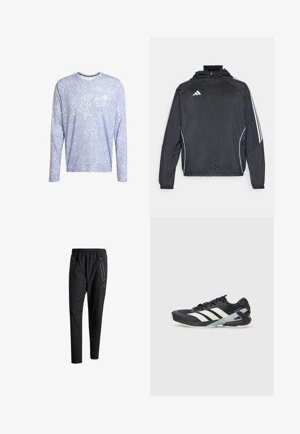 Schwarze Sportjacke mit Kapuze, ausgestattet mit weißen Streifen an den Ärmeln und einem Reißverschluss vorne. Hergestellt aus einem glatten, leichten Stoff.; Langärmliges Oberteil in Hellblau mit einem dezenten Tiermuster. Verfügt über einen Rundhalsausschnitt und einen Markenakzent auf der Brust. Texturierter Stoff.; Schwarze Sporthose mit elastischem Bund, zwei Reißverschlusstaschen an den Seiten, schmal zulaufenden Beinen und einem dezenten Logo-Detail an der Hüfte.; Schwarzer Sportschuh mit weißen Streifen, Obermaterial aus Mesh, runde Zehenform und gepolstertem Sohlenteil. Verfügt über eine strukturierte Ferse und ein sicheres Schnürsystem.