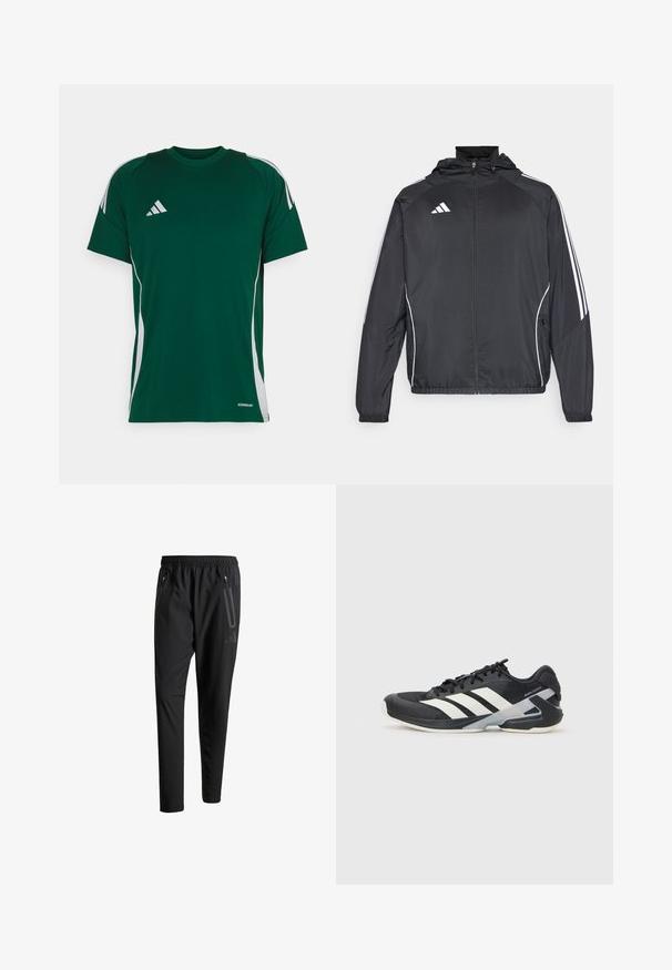 Černá sportovní bunda s kapucí, s bílými pruhy podél rukávů a s předním zipem. Vyrobena z hladkého, lehkého materiálu.; Zelené sportovní tričko s krátkými rukávy, se světlejším pruhy po stranách a vyšitým logem na levé hrudi. Vyrobeno z prodyšného materiálu.; Černé sportovní kalhoty s elastickým pasem, dvěma zipovými bočními kapsami, zúženými nohavicemi a decentním logem na boku.; Černá sportovní obuv s bílými pruhy, síťovaným svrškem, zaoblenou špičkou a polstrovanou podrážkou. Obsahuje texturovanou patu a bezpečný systém šněrování.