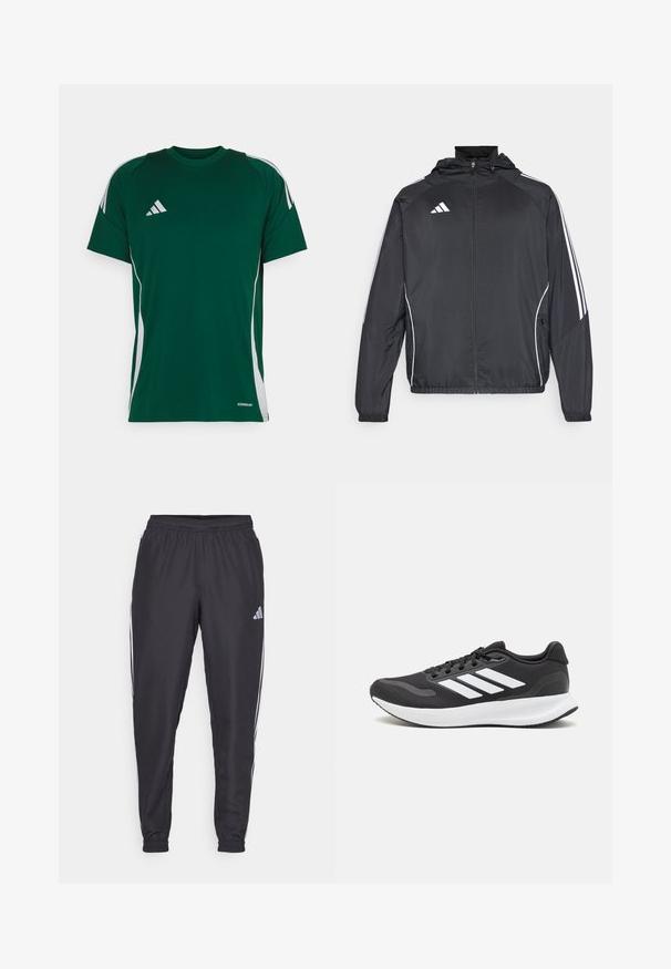 Černá sportovní bunda s kapucí, s bílými pruhy podél rukávů a s předním zipem. Vyrobena z hladkého, lehkého materiálu.; Zelené sportovní tričko s krátkými rukávy, se světlejším pruhy po stranách a vyšitým logem na levé hrudi. Vyrobeno z prodyšného materiálu.; Černé sportovní kalhoty s elastickým pasem, se zlomenými bílými pruhy po stranách a malým logem na bocích. Hladká textura.; Černá sportovní obuv s prodyšným síťovaným svrškem, bílými akcenty a polstrovanou podrážkou. Na boku se nachází logo se třemi pruhy.