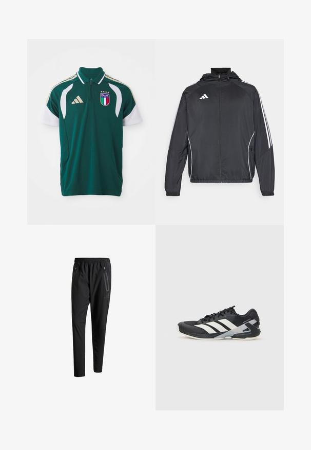 Giacca atletica nera con cappuccio, caratterizzata da strisce bianche lungo le maniche e chiusura con zip frontale. Realizzata in un tessuto liscio e leggero.; Polo shirt da calcio dell'Italia di colore verde scuro con maniche bianche, logo Adidas beige, stemma dell'Italia e una corta zip frontale.; Pantaloni sportivi neri con vita elastica, due tasche laterali con cerniera, gambe affusolate e un sottile dettaglio del logo sull'anca.; Scarpa sportiva nera con strisce bianche, tomaia in rete, punta arrotondata e suola ammortizzata. Presenta un tallone testurizzato e un sistema di allacciatura sicuro.
