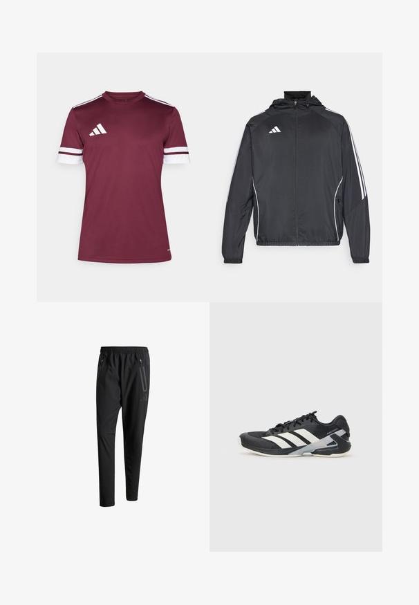 Jachetă sport neagră cu glugă, decorată cu dungi albe pe mâneci și cu fermoar în față. Fabricată dintr-un material neted și ușor.; Tricou sport maron cu mâneci scurte, accente albe cu dungi, guler rotund și trei dungi albe pe umăr. Fabricat dintr-un material neted.; Pantaloni atletici negri cu talie elastică, două buzunare laterale cu fermoar, picioare conice și un detaliu logo discret pe șold.; Pantofii sport negri cu dungi albe, superior din plasă, vârf rotunjit și talpă îmbunătățită pentru amortizare. Au o călcătură texturată și un sistem de șireturi securizat.