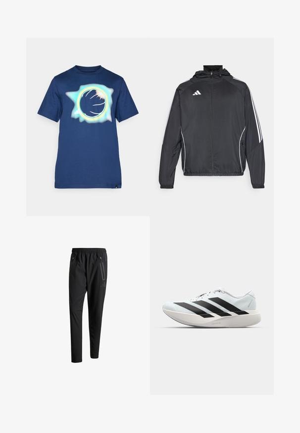 Casaco atlético preto com capuz, apresentando riscas brancas ao longo das mangas e um fecho éclair na frente. Fabricado em um tecido liso e leve.; T-shirt de algodão azul-marinho com um design gráfico circular em tons de azul claro e laranja, apresentando um efeito texturizado de pintura em spray.; Calças de treino pretas com uma cintura elástica, dois bolsos laterais com fecho, pernas ajustadas e um discreto detalhe de logotipo no quadril.; Tênis de corrida leves em azul pálido com riscas pretas. Apresentam um cabedal liso, bico redondo e uma entressola espessa branca rotulada como "LIGHTSTRIKE PRO."