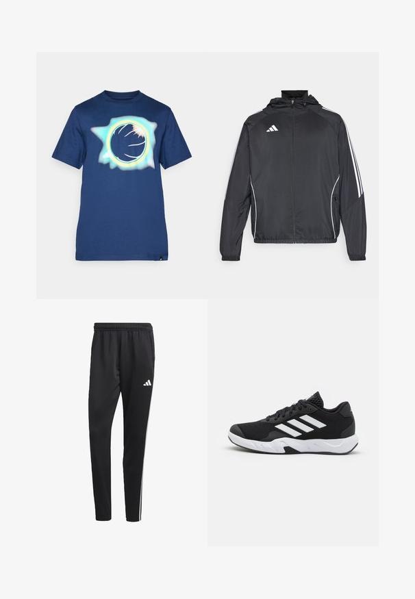 Črna športna jakna s kapuco, z belimi črtami ob rokavih in z zadrgo spredaj. Narejena iz gladkega, lahkega materiala.; Mornarsko modra bombažna majica z osemkotno grafiko v svetlo modri in oranžni barvi, ki ima teksturiran, pršilni učinek.; Črne atletske hlače z raztegljivim pasom, belimi stranskimi črtami in majhnim belim logotipom na stegnu. Narejene so iz gladkega, lahkega materiala.; Črne atletske čevlje z strukturiranim mrežastim zgornjim delom, belimi poudarnimi črtami, oblazinjenim podplatom in ojačanim petnim delom za podporo.