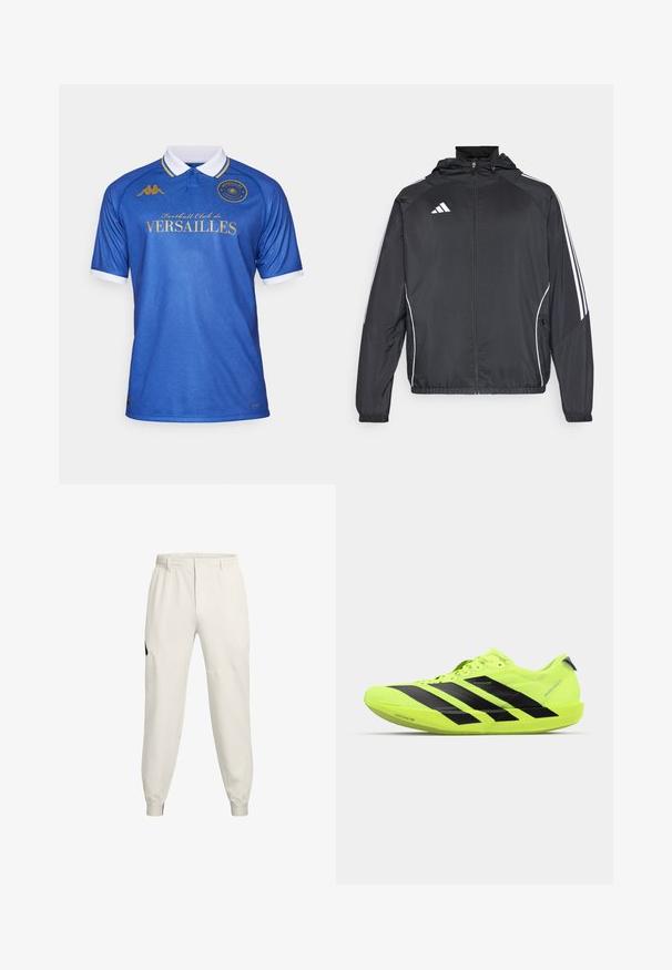 Juodas sportinis džemperis su kapišonu, turintis baltas juosteles palei rankoves ir užtrauktuką priekyje. Pagamintas iš lygaus, lengvo audinio.; Mėlyna futbolo marškinė su apykakle, su tekstūruotu raštu, auksinės spalvos užrašas "Futbolo klubas de VERSAILLES" ir balti rankovių akcentai.; Šviesiai smėliniai džinsai su elastingu juosmeniu, šoninėmis kišenėmis ir rūbų juostelėmis; turi juodą logotipo akcentą kairėje klube.; Šviesiai geltoni sportiniai bateliai su juodomis įstrižinėmis juostelėmis, lengvas dizainas, tekstūruotas paviršius ir paminkštintas padas su "Lightstrike Pro" ženklinimu.