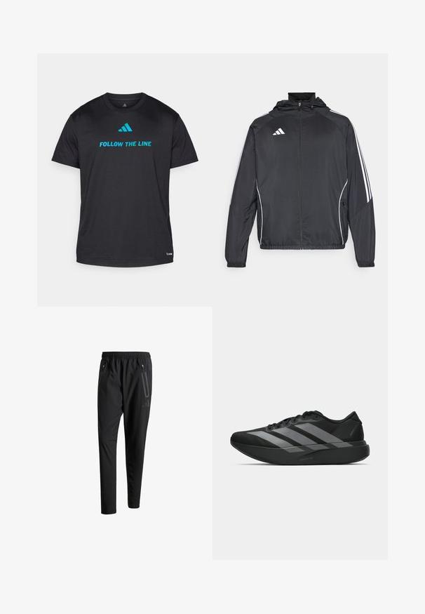 Melnā sporta jaka ar kapuci, ar baltām svītrām pa piedurknēm un ar rāvējslēdzēju priekšpusē. Izgatavota no gludas, vieglas auduma.; Melna sporta t-kreklu, kas izgatavota no viegla auduma, ar uzrakstu "SEKO PAMATNEI" spilgti zilā krāsā un mazu logotipu pie apakšējās malas.; Melni sporta bikses ar elastīgu vidukli, divām kabatām ar rāvējslēdzējiem sānos, sašaurinātām kājām un diskrētu logo detaļu uz gurniem.; Melni sporta apavi ar vieglu dizainu, ar trim izteiksmīgiem pelēkiem svītrām, gludu virsmu un kontūrveida zoli.